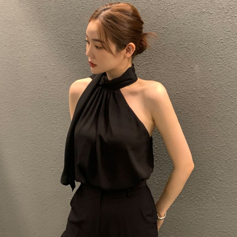 Sleeveless Tie Neck Plain Blouse SpreePicky