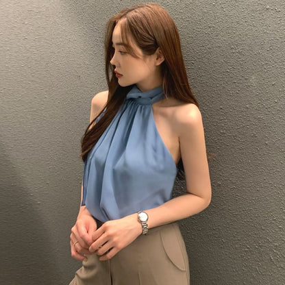 Sleeveless Tie Neck Plain Blouse SpreePicky