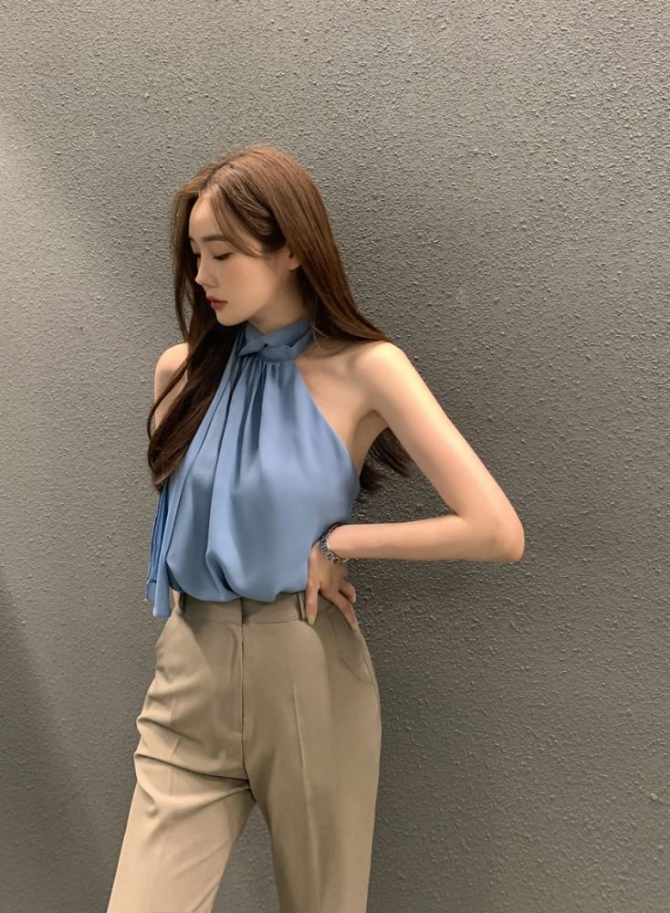 Sleeveless Tie Neck Plain Blouse SpreePicky