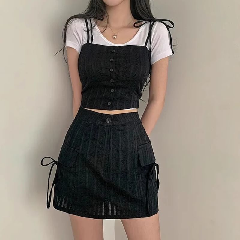 Set: Button-Up Crop Camisole Top + High Waist Mini Pencil Skirt SpreePicky