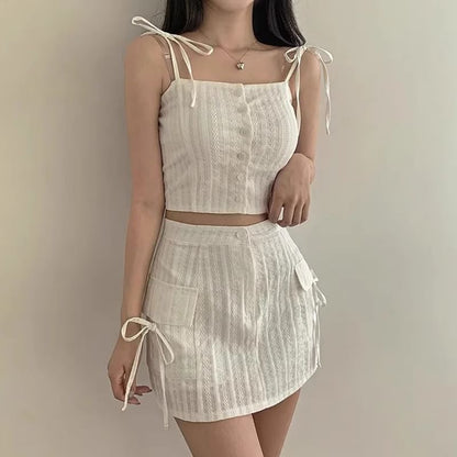 Set: Button-Up Crop Camisole Top + High Waist Mini Pencil Skirt SpreePicky