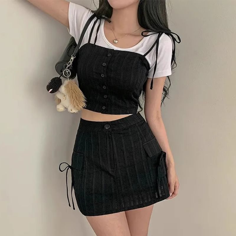 Set: Button-Up Crop Camisole Top + High Waist Mini Pencil Skirt SpreePicky