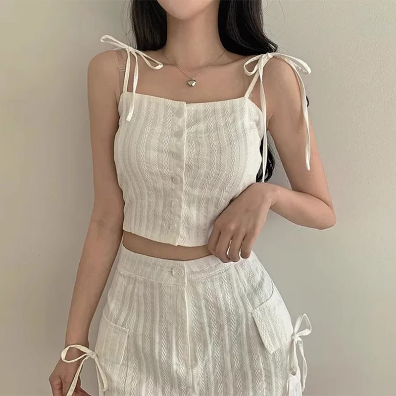 Set: Button-Up Crop Camisole Top + High Waist Mini Pencil Skirt SpreePicky