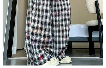 Graffiti Plaid High Rise Wide Leg Pants SpreePicky