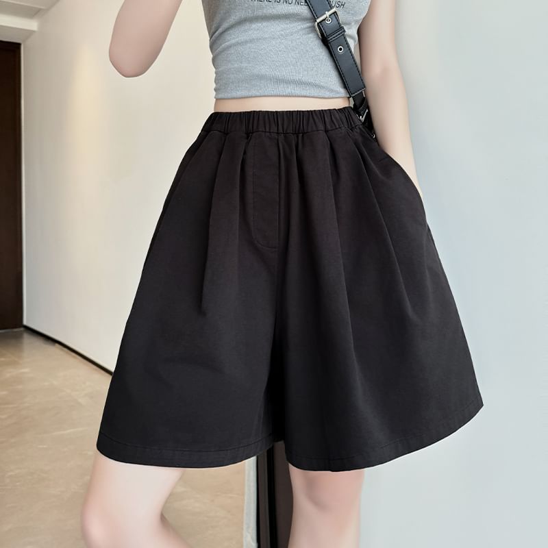 High Rise Plain Pocketed Wide Leg Shorts SpreePicky