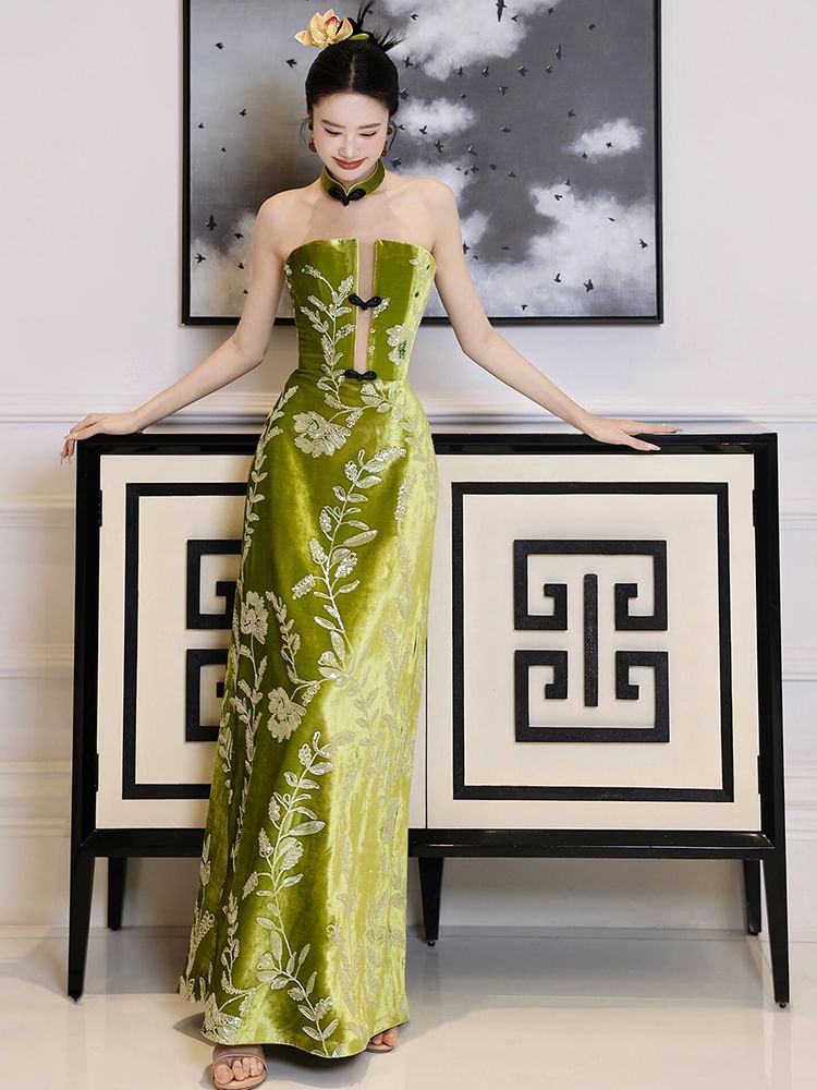 Strapless Floral Embroidered A-Line Evening Gown FashionChic