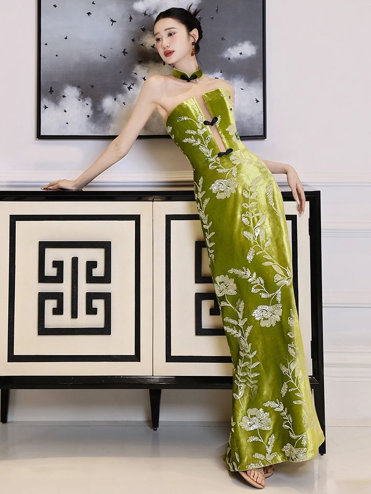 Strapless Floral Embroidered A-Line Evening Gown FashionChic