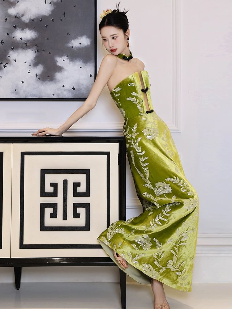 Strapless Floral Embroidered A-Line Evening Gown FashionChic