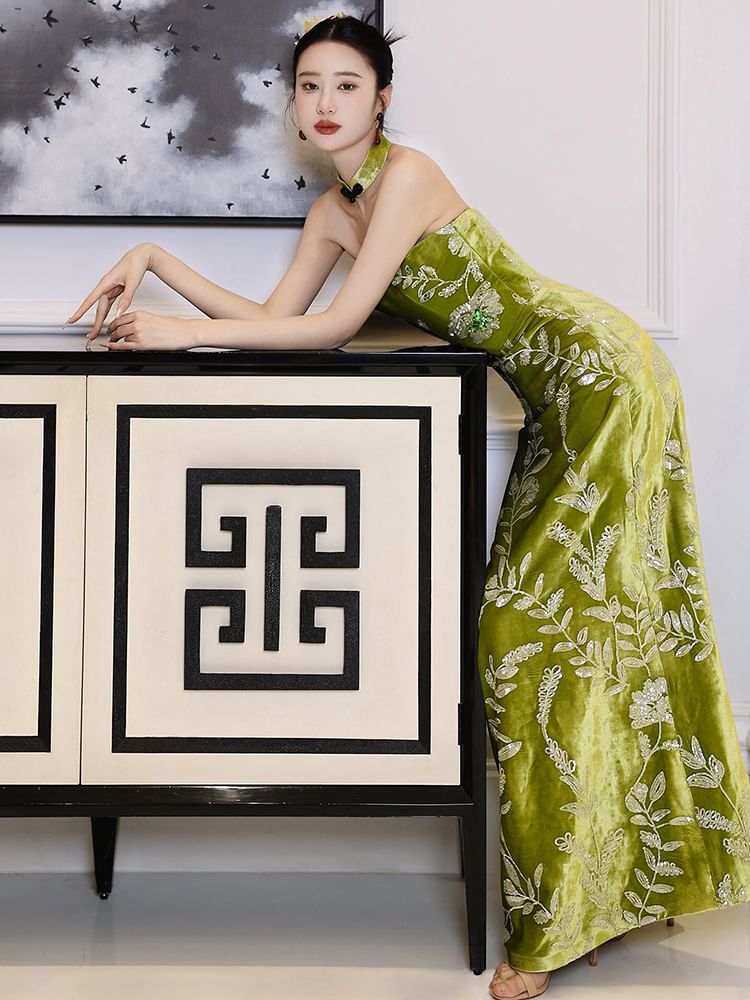 Strapless Floral Embroidered A-Line Evening Gown FashionChic