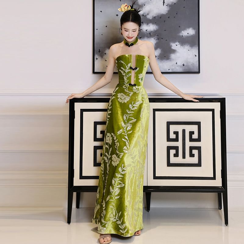 Strapless Floral Embroidered A-Line Evening Gown FashionChic