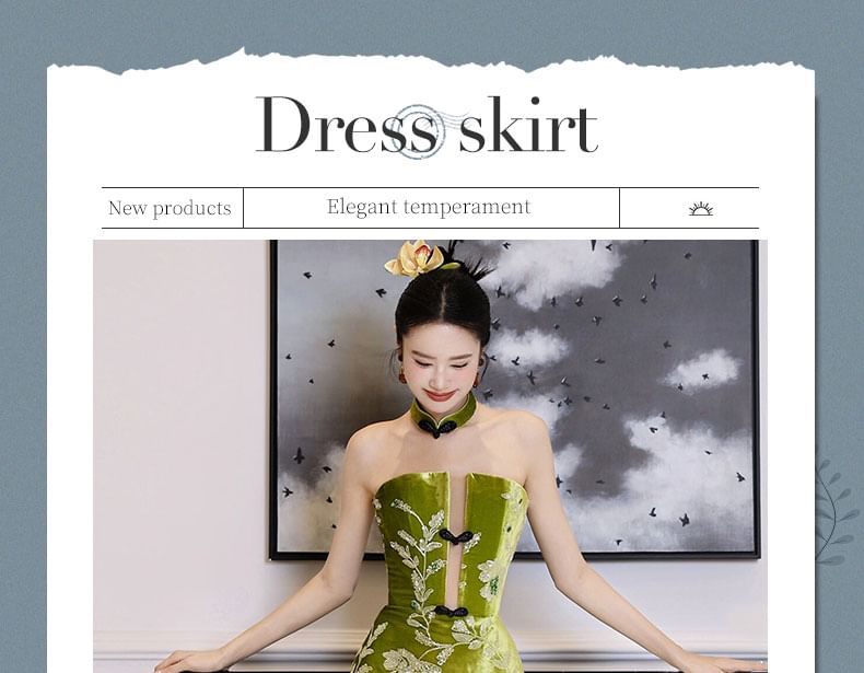 Strapless Floral Embroidered A-Line Evening Gown FashionChic