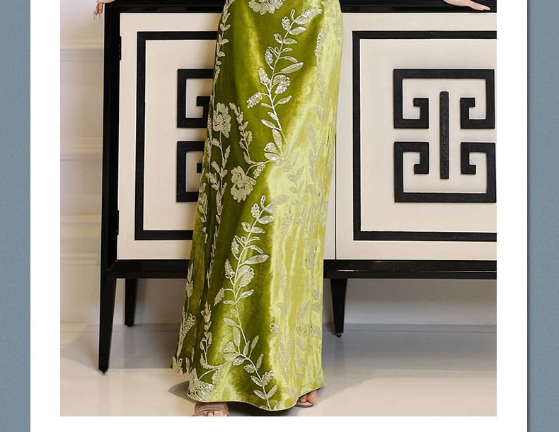 Strapless Floral Embroidered A-Line Evening Gown FashionChic