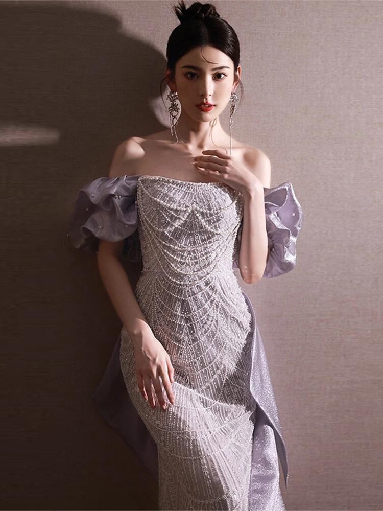 Off Shoulder Ruffle Sleeve Sequin Mermaid Evening Dress FashionChic