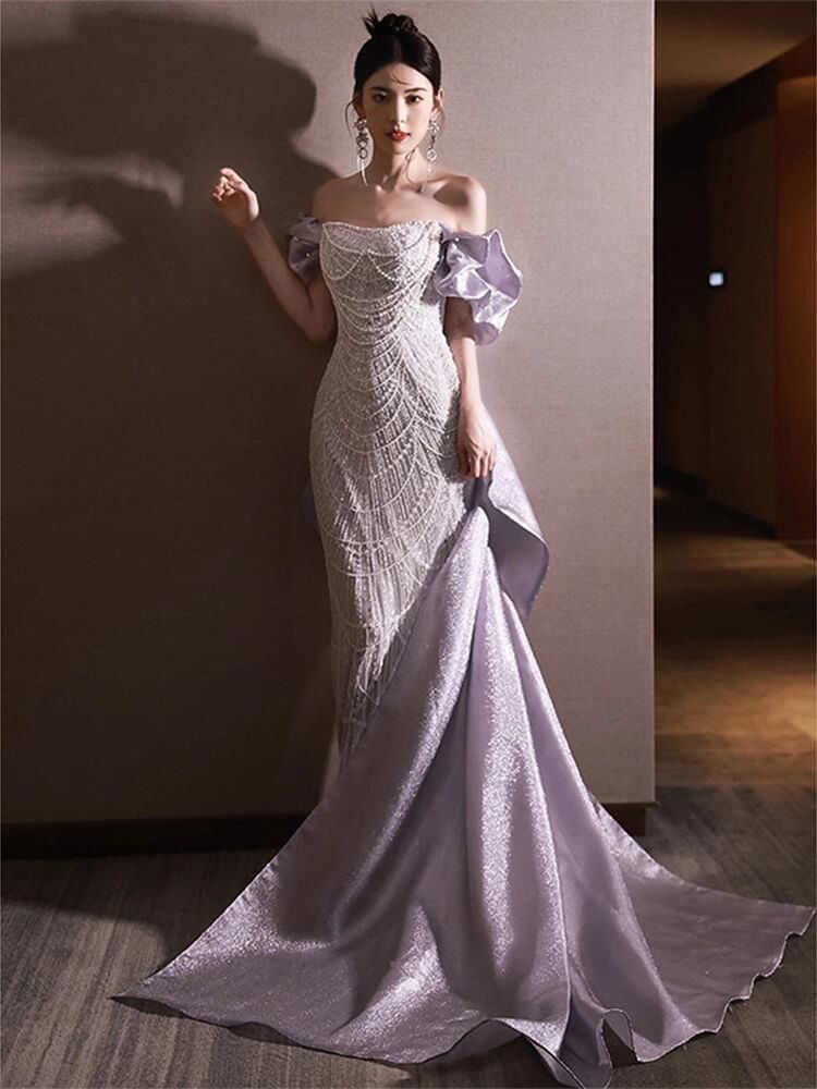 Off Shoulder Ruffle Sleeve Sequin Mermaid Evening Dress FashionChic