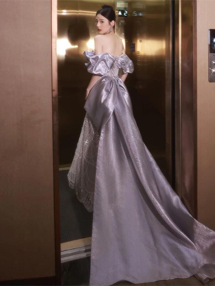 Off Shoulder Ruffle Sleeve Sequin Mermaid Evening Dress FashionChic