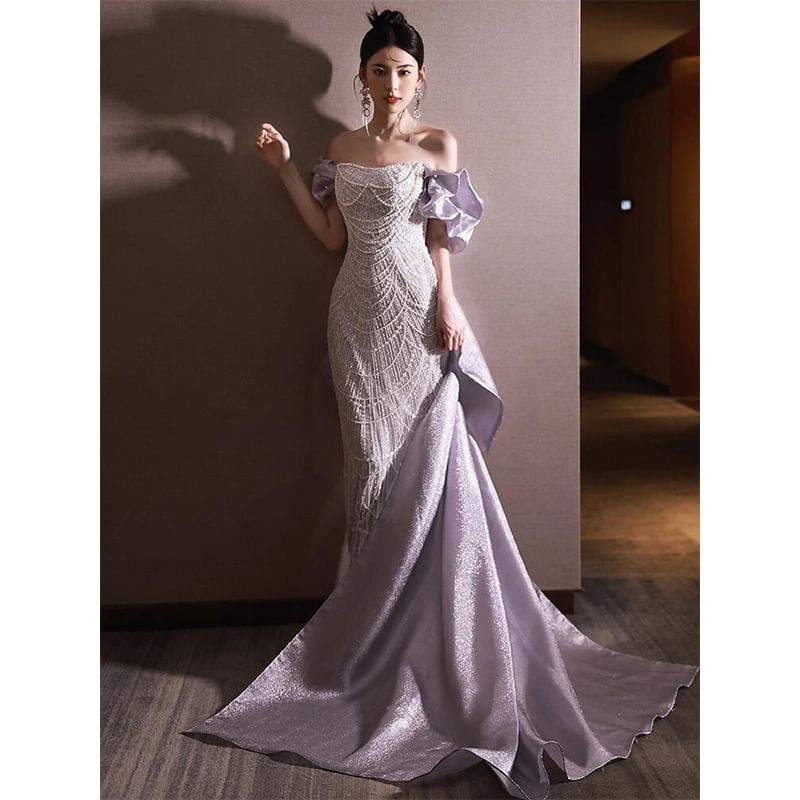 Off Shoulder Ruffle Sleeve Sequin Mermaid Evening Dress FashionChic