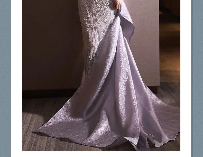 Off Shoulder Ruffle Sleeve Sequin Mermaid Evening Dress FashionChic