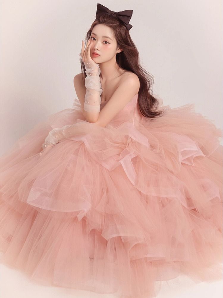 Strapless Tiered Tulle Evening Ball Gown FashionChic