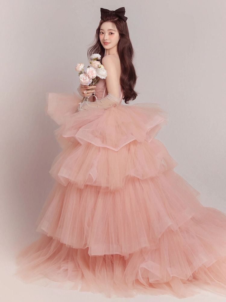 Strapless Tiered Tulle Evening Ball Gown FashionChic