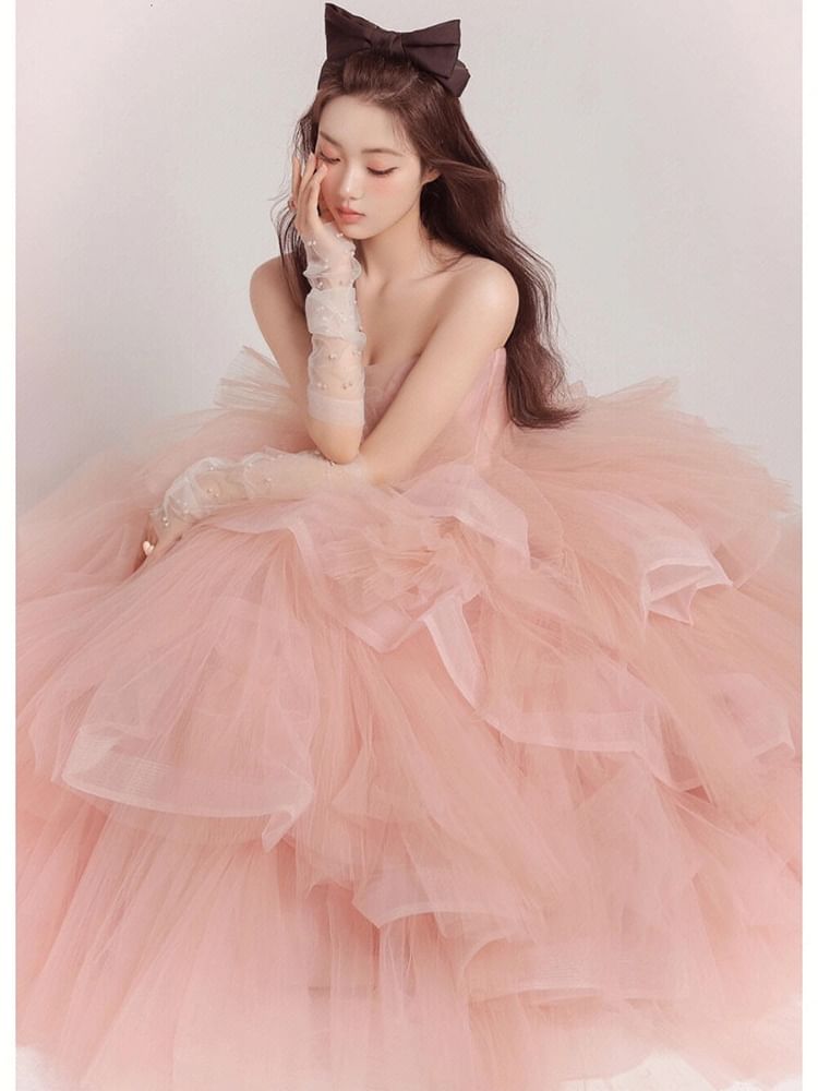 Strapless Tiered Tulle Evening Ball Gown FashionChic