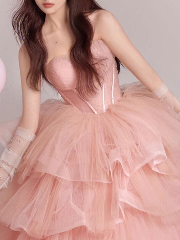 Strapless Tiered Tulle Evening Ball Gown FashionChic