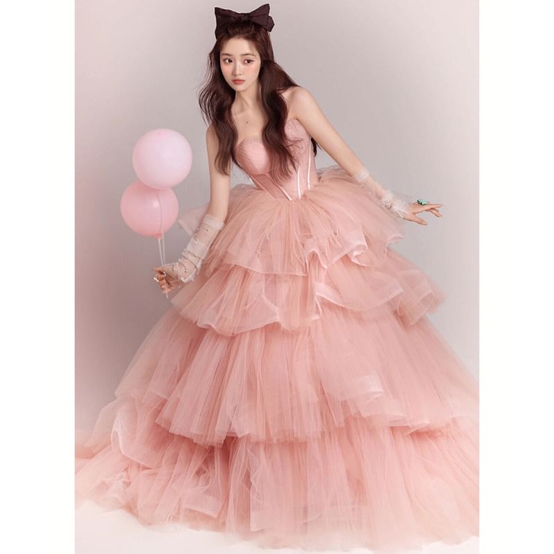 Strapless Tiered Tulle Evening Ball Gown FashionChic