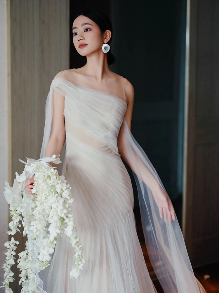 One Shoulder Tulle Sheath Evening Dress SpreePicky