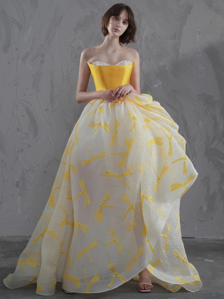 Strapless Floral Print A-Line Evening Gown FashionChic