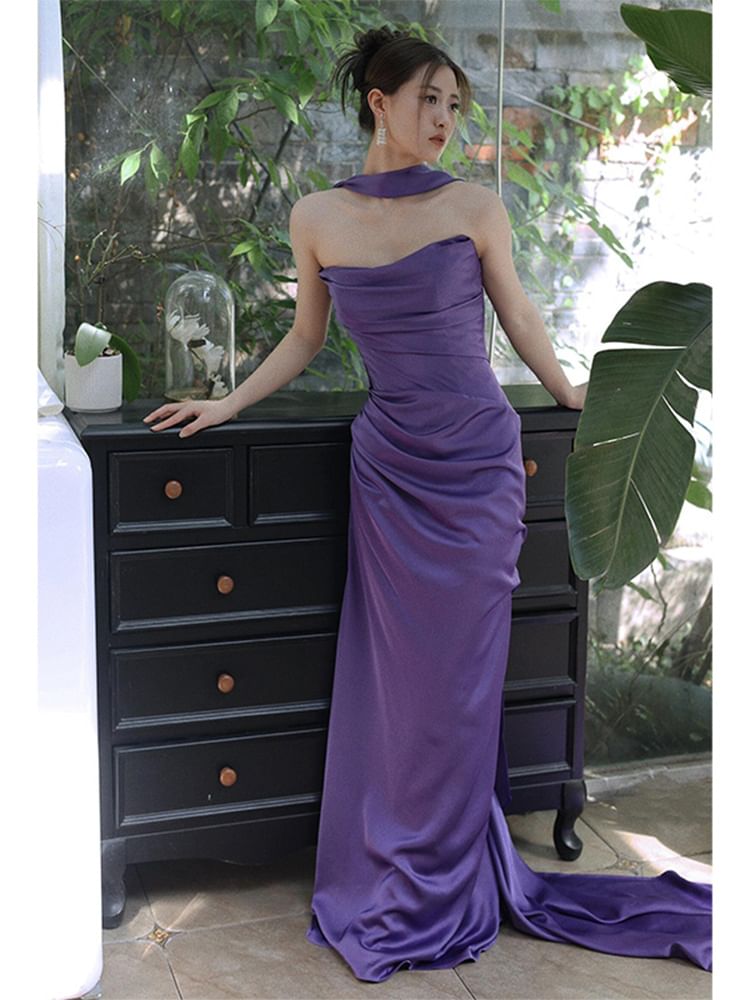 Strapless Plain Ruched Midi Sheath Dress FashionChic