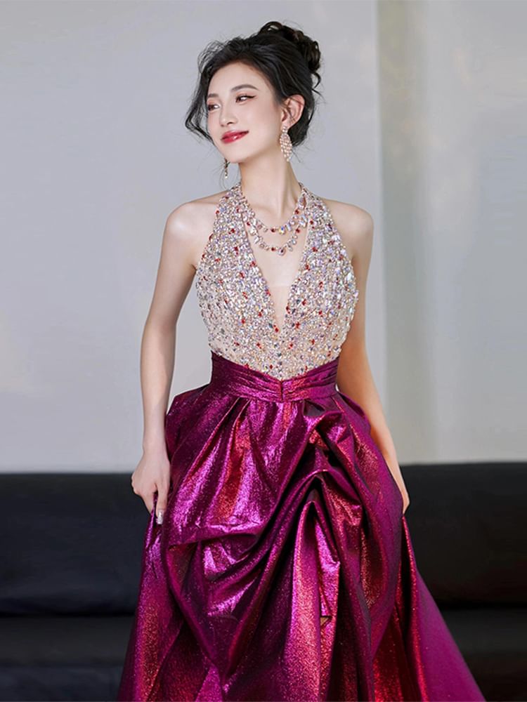 V-Neck Sleeveless Sequined A-Line Evening Gown FashionChic