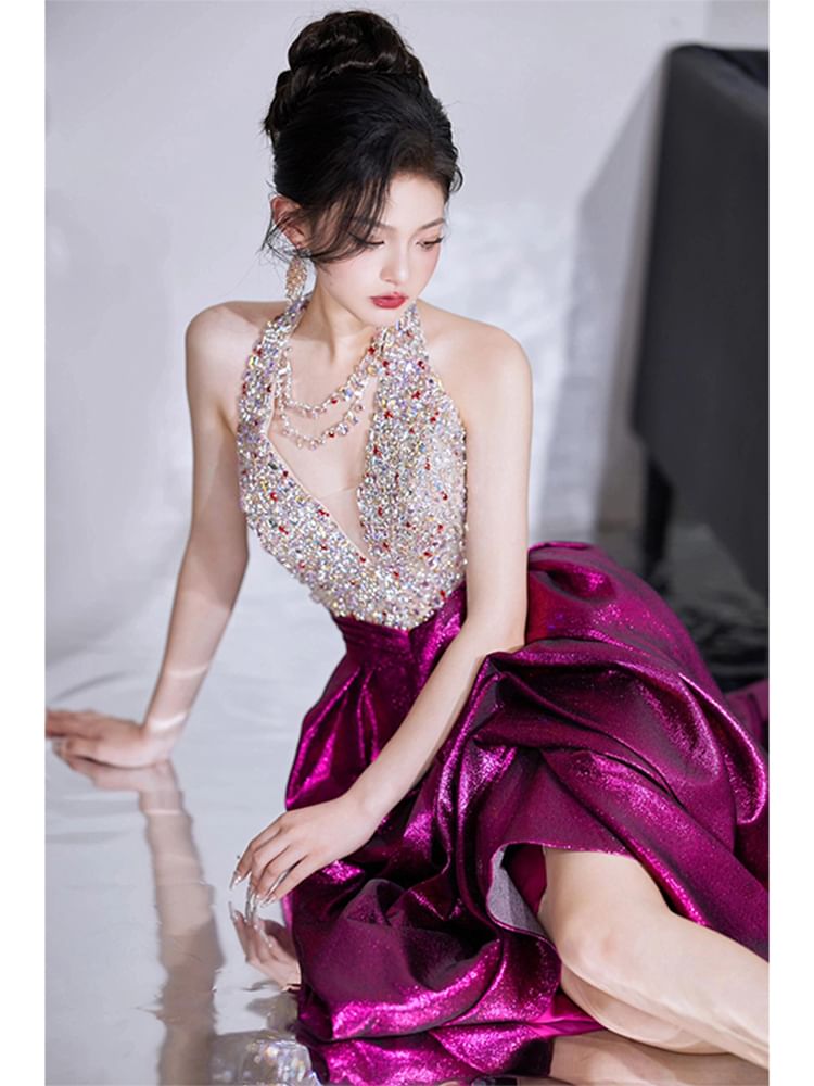 V-Neck Sleeveless Sequined A-Line Evening Gown FashionChic