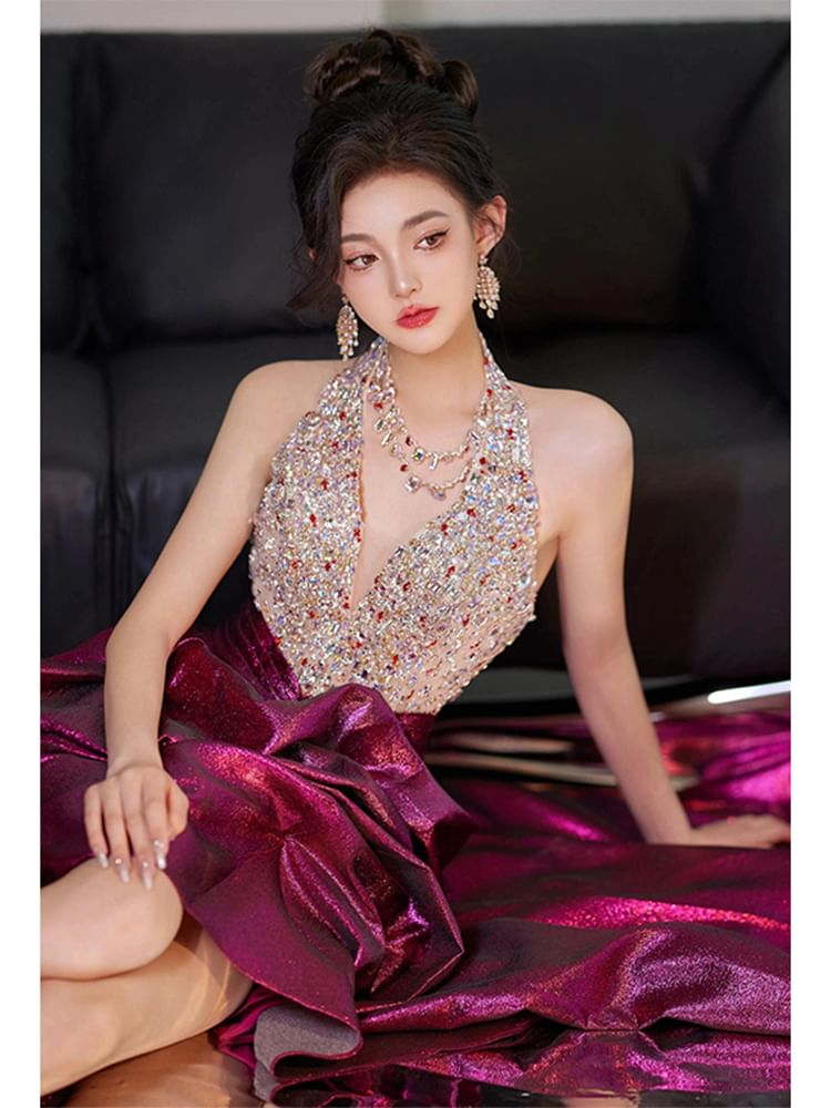 V-Neck Sleeveless Sequined A-Line Evening Gown FashionChic