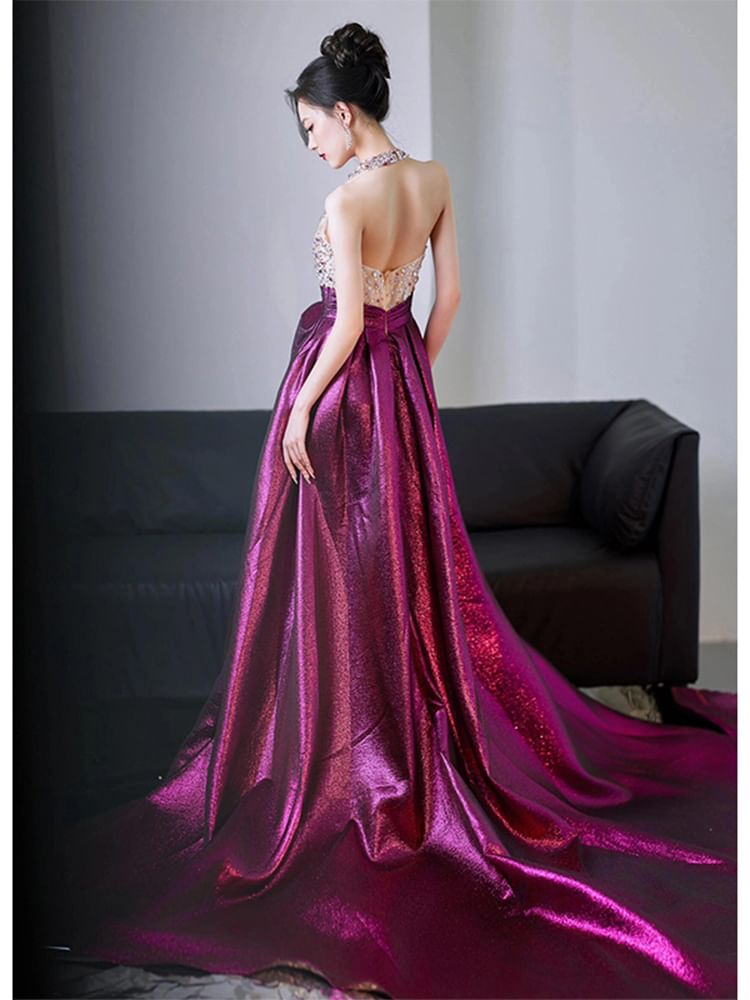 V-Neck Sleeveless Sequined A-Line Evening Gown FashionChic