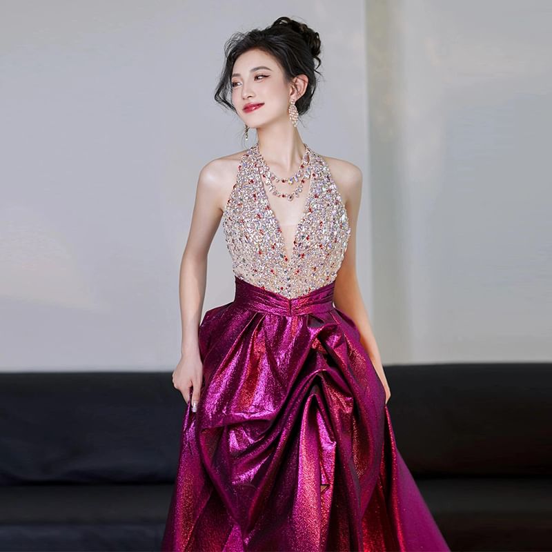 V-Neck Sleeveless Sequined A-Line Evening Gown FashionChic