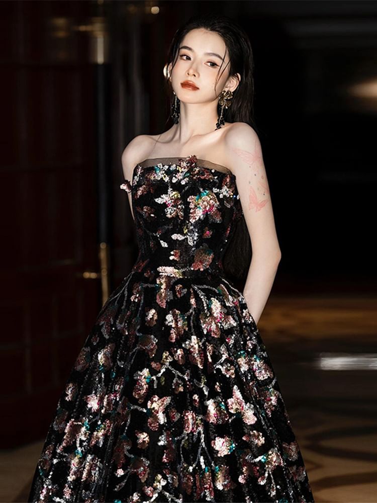 Strapless Floral A-Line Evening Gown FashionChic