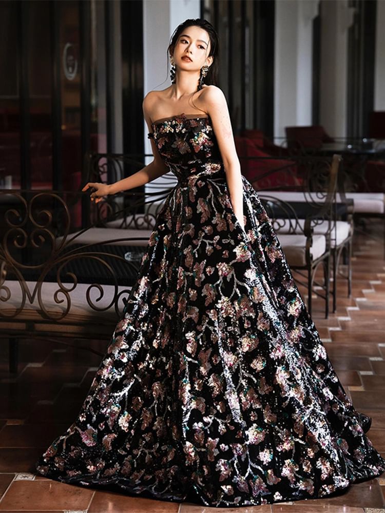 Strapless Floral A-Line Evening Gown FashionChic