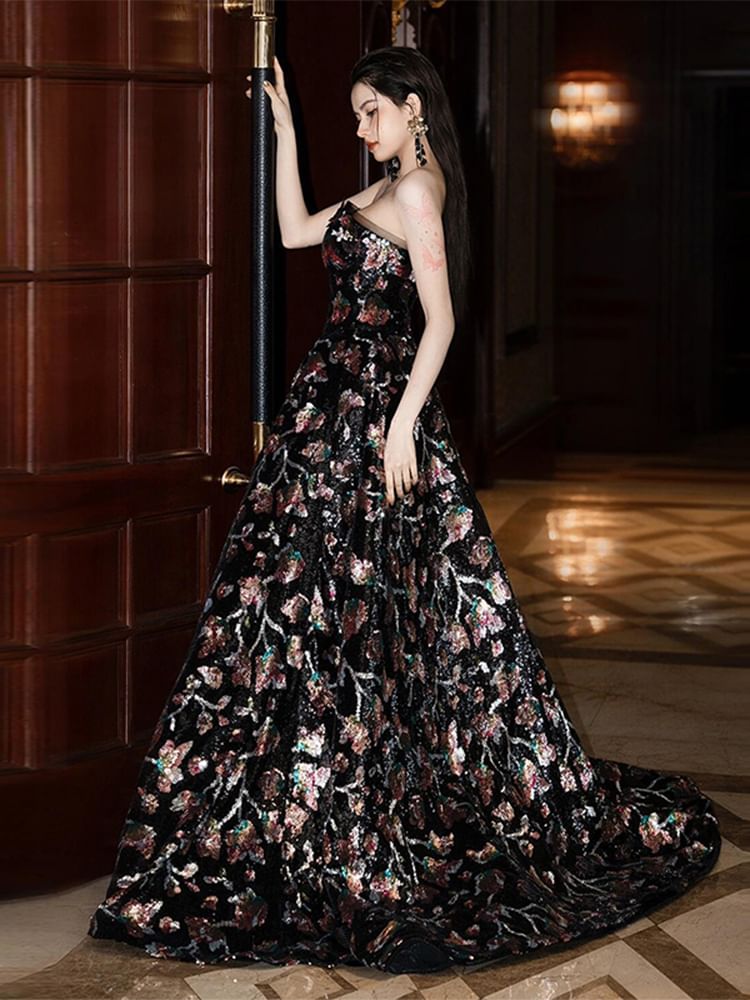 Strapless Floral A-Line Evening Gown FashionChic