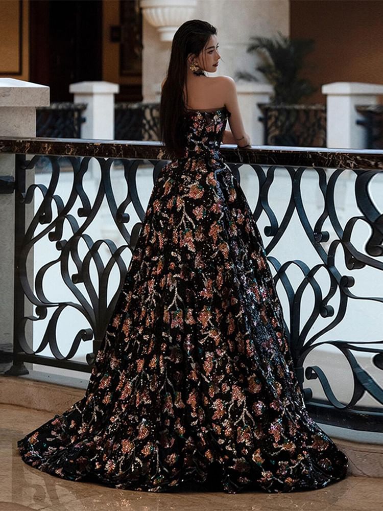 Strapless Floral A-Line Evening Gown FashionChic