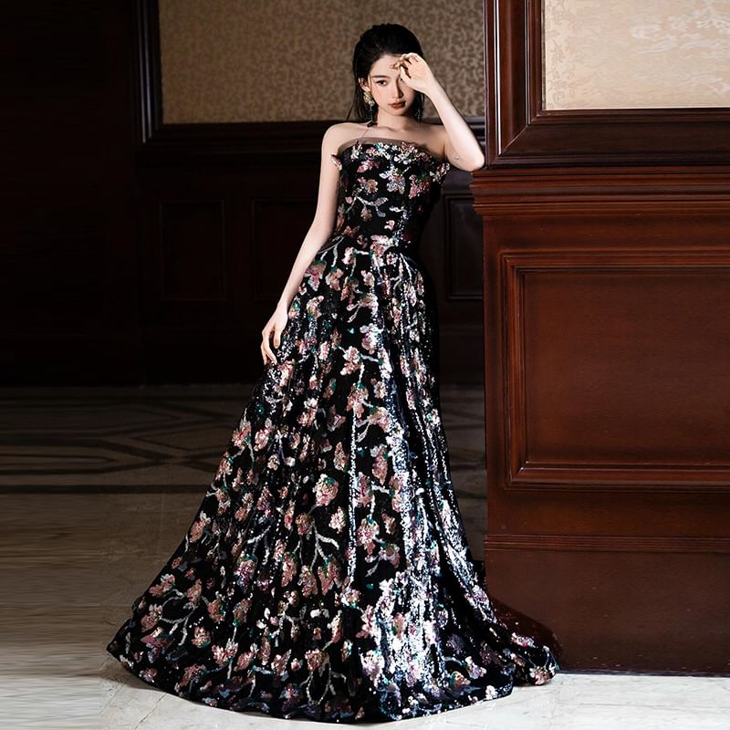 Strapless Floral A-Line Evening Gown FashionChic