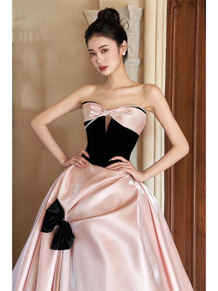 Strapless Bow Two Tone A-Line Evening Dress SpreePicky