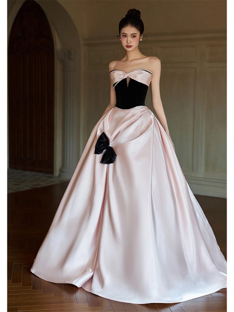 Strapless Bow Two Tone A-Line Evening Dress SpreePicky