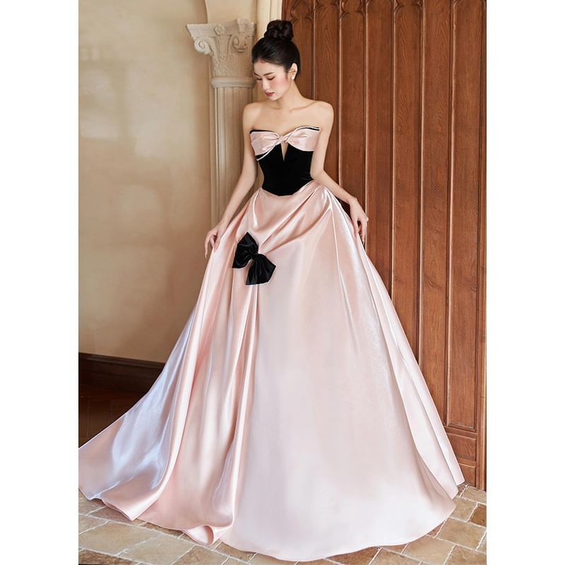 Strapless Bow Two Tone A-Line Evening Dress FashionChic