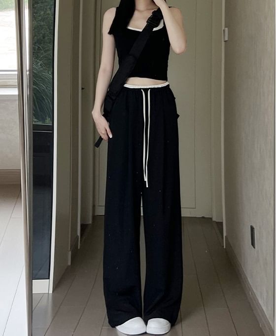 Panel Contrast High Rise Drawstring Wide Leg Pants SpreePicky