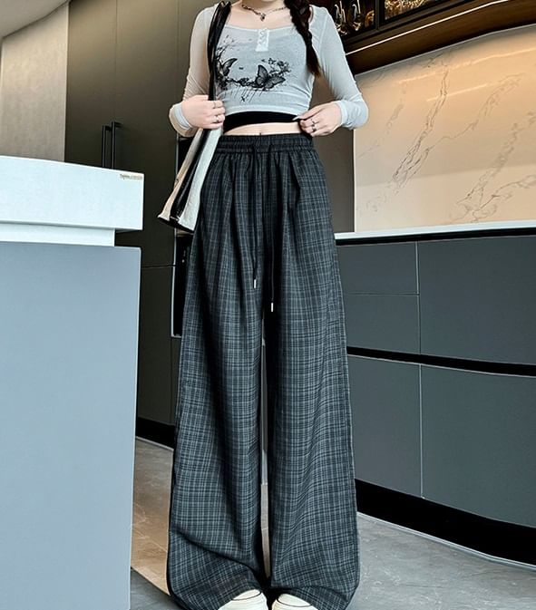 Plaid High Waist Drawstring Wide Leg Pants SpreePicky