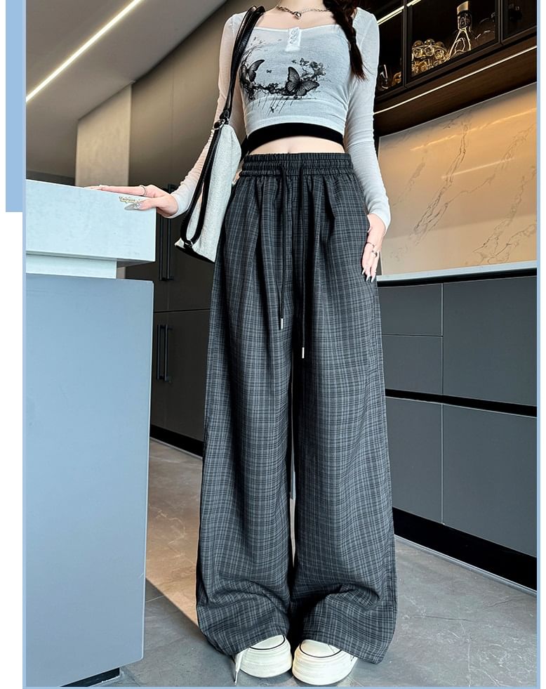 Plaid High Waist Drawstring Wide Leg Pants SpreePicky