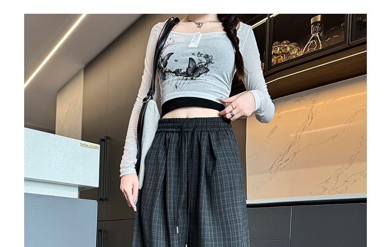 Plaid High Waist Drawstring Wide Leg Pants SpreePicky