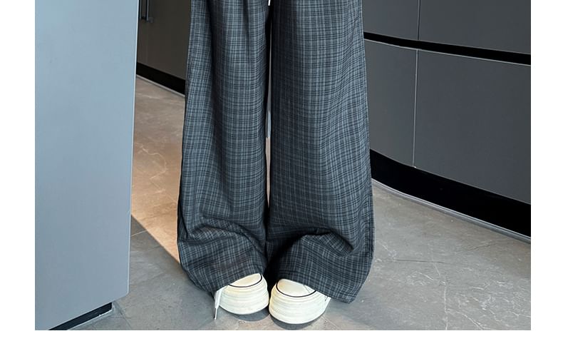 Plaid High Waist Drawstring Wide Leg Pants SpreePicky