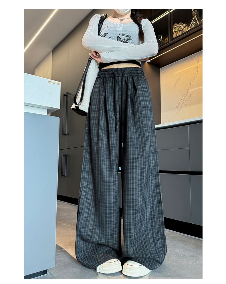 Plaid High Waist Drawstring Wide Leg Pants SpreePicky