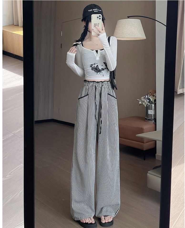 Contrast Panel Pocket Drawstring High Waist Wide Leg Pants SpreePicky