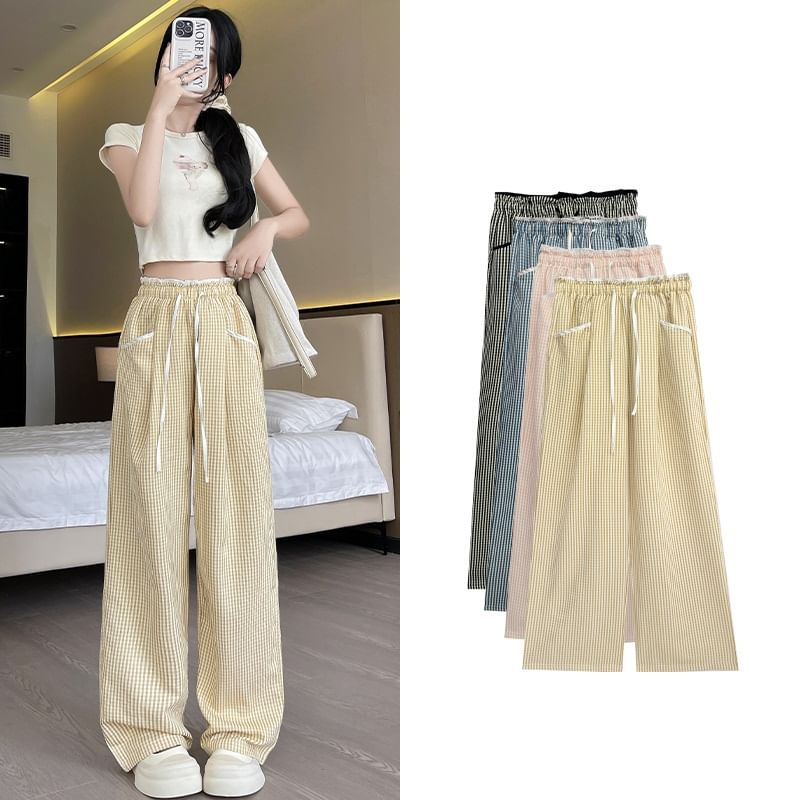 Contrast Panel Pocket Drawstring High Waist Wide Leg Pants SpreePicky